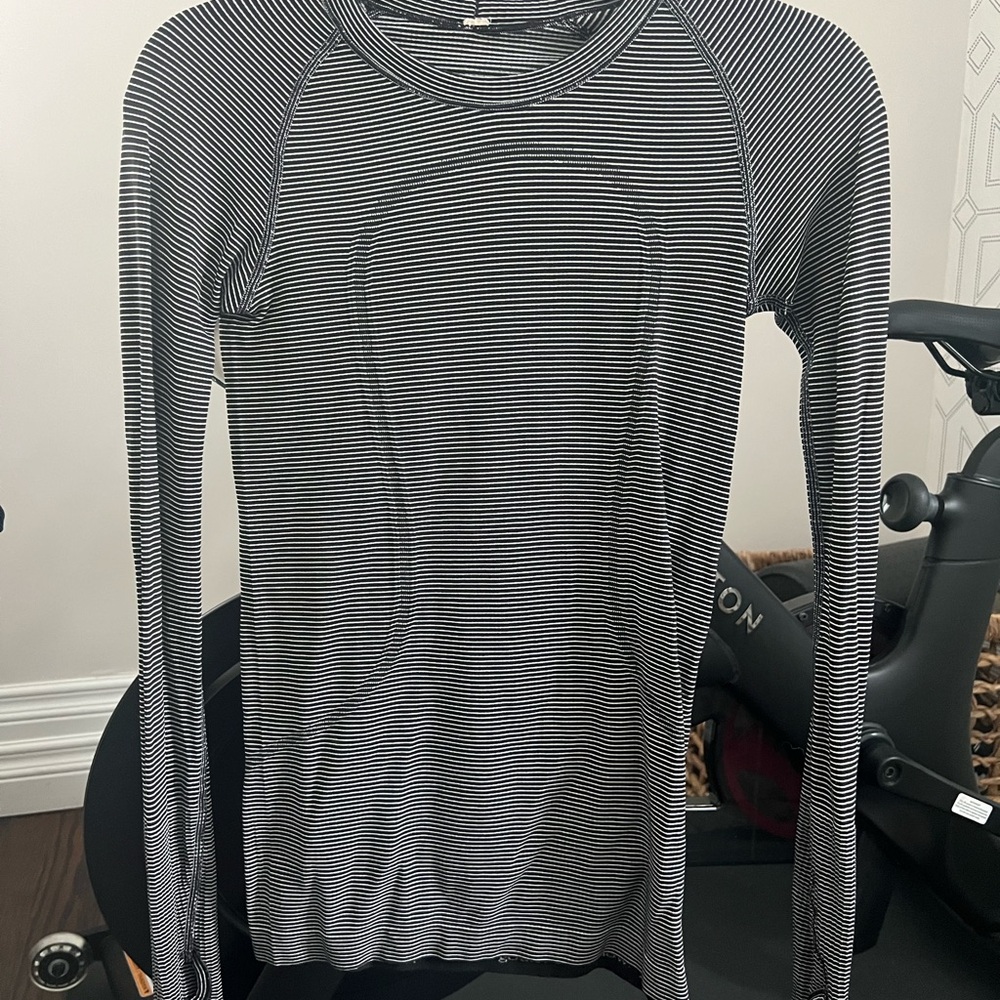 Lululemon Black and White Striped Long Sleeve running Tee